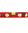 Rock Hard Professional Grade Cast Aluminum Torpedo Level With Magnetic Dual View Plumb Vial For Quick And Dirty Measuring And Tight Drywall Joint Layouts On Site, red level with three vials.