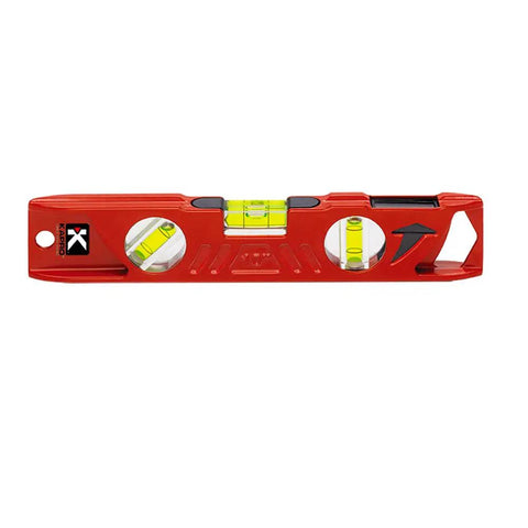 Rock Hard Professional Grade Cast Aluminum Torpedo Level With Magnetic Dual View Plumb Vial For Quick And Dirty Measuring And Tight Drywall Joint Layouts On Site, red level with three vials.
