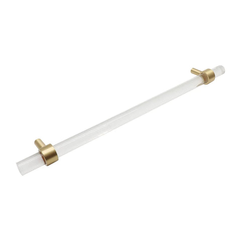 Brushed Brass And Clear Acrylic Cabinet Pulls, Modern T Bar Design, 11.2 Inch Total Length, 9 Inch Hole Center, 14mm Handle Diameter