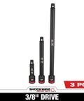 Shockwave Impact Duty Three Eighths Inch Drive Extension Set Three Piece Black Pro Grade Socket Extension Kit for Automotive and Industrial Use Heavy Duty Tools, showing three socket extensions in different lengths.