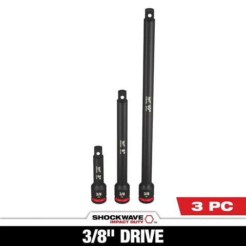 Shockwave Impact Duty Three Eighths Inch Drive Extension Set Three Piece Black Pro Grade Socket Extension Kit for Automotive and Industrial Use Heavy Duty Tools, showing three socket extensions in different lengths.