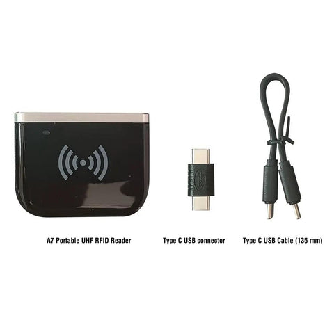 Portable UHF RFID Reader Writer 902 928 MHz With Type C USB And Bluetooth Five Point Zero packaging contents.
