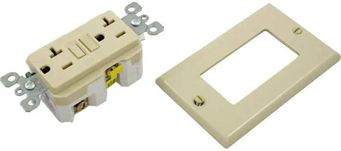 GFCI Outlet 20 Amp Self Test With LED Indicator Light Non Tamper Resistant Ivory For Easy Home DIY Install, shown with cover plate