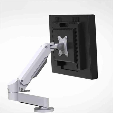 White single arm TV mount for 15 to 32 inch displays with air pressure height adjustment for home office setup.