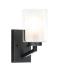 Single four light vanity light fixture black metal finish with dual glass shades, modern farmhouse wall sconce