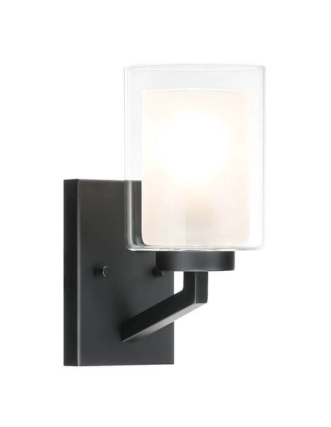 Brushed Nickel 4 Light Vanity Light With Dual Glass Shades, Modern Bathroom Wall Fixture Over Mirror, angled view showing single glass shade