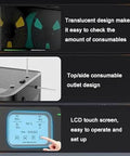 Filament Dryer Box For 3D Printers With Auto Humidity Control showing translucent design, top outlet, and LCD touch screen features.