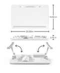 Portable Lap Desk And Workstation With Adjustable Height And Tilt, PVC Leather Finish, Non Slip Desktop Stopper, White, dimensions shown.