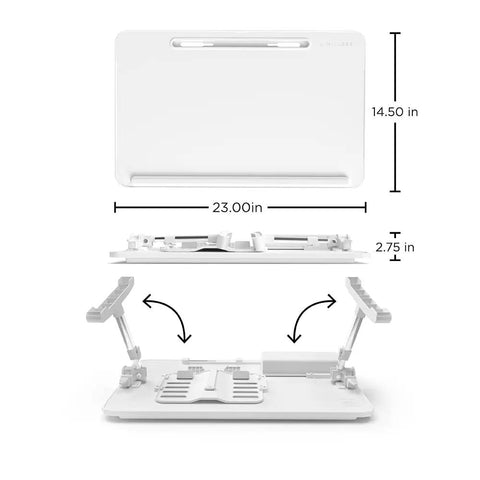 Portable Lap Desk And Workstation With Adjustable Height And Tilt, PVC Leather Finish, Non Slip Desktop Stopper, White, dimensions shown.