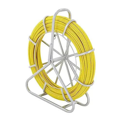 Fiberglass Fish Tape 425 Foot Long Quarter Inch With Pro Grade Durable Stand visible with yellow reel and metal frame