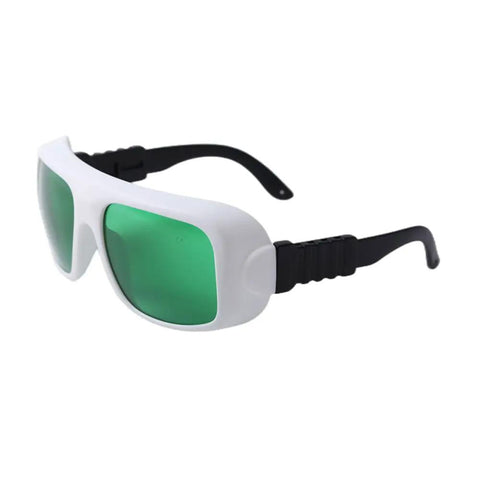 Top Shelf Laser Safety Glasses With Od3 Plus And Od5 Plus Optical Density For Red And Infrared Beam Coverage Clear Lens side view with green lenses
