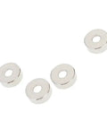 Set Of 4 Chrome Guitar Neck Joint Ferrule Bushings With Matching Screws, Zinc Alloy Replacement Parts, Durable And Easy To Install, Ideal For Replacing Worn Or Damaged Guitar Or Bass Hardware. Four chrome zinc alloy ferrule bushings shown on white