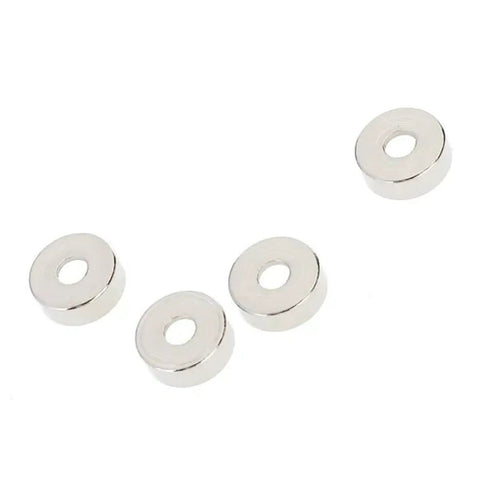 Set Of 4 Chrome Guitar Neck Joint Ferrule Bushings With Matching Screws, Zinc Alloy Replacement Parts, Durable And Easy To Install, Ideal For Replacing Worn Or Damaged Guitar Or Bass Hardware. Four chrome zinc alloy ferrule bushings shown on white