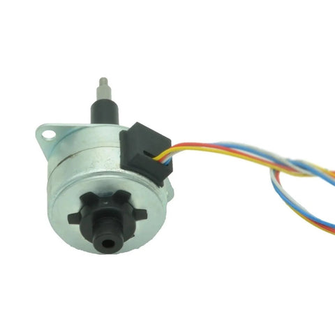 Close-up of 35mm Permanent Magnet Micro Screw Stepper Motor with 5V, 12V, or 24V options, showing captive PM stepper and wiring.