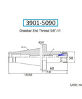 Technical drawing of Pro Series NMTB ER 32 Collet Chuck With Drawbar End, Size Forty, Five Eighths Inch By Eleven Thread, electroplated nickel