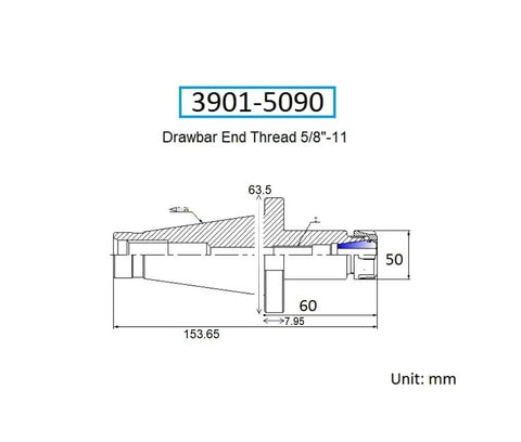Technical drawing of Pro Series NMTB ER 32 Collet Chuck With Drawbar End, Size Forty, Five Eighths Inch By Eleven Thread, electroplated nickel