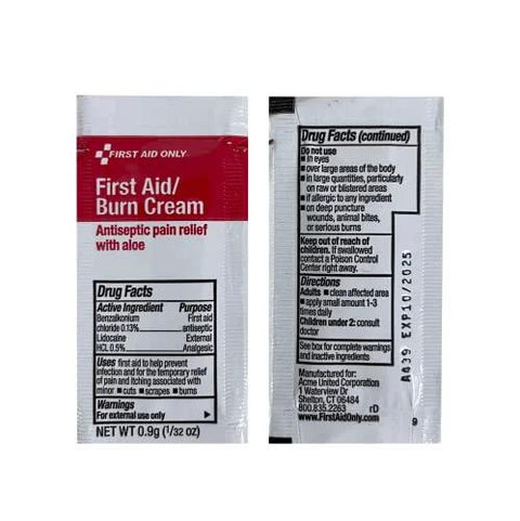 Two First Aid Only antiseptic burn cream sachets with drug facts panel; red-and-white packaging