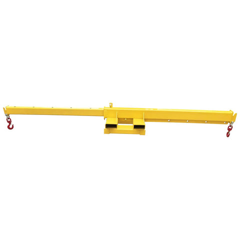 Heavy Duty Dual Direction Forklift Jib Crane with dual hooks and telescoping boom in yellow, designed for heavy lifting tasks.