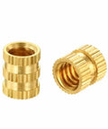 100 Piece M3 Brass Knurled Threaded Insert Nuts Set For Plastic And 3D Printing With OD 5.3mm And Height 3 To 20mm Blind Hole Built To Last For Makers And Pros, showing two inserts on white background.