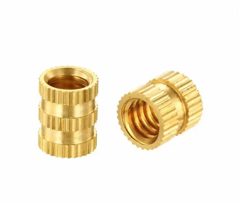 100 Piece M3 Brass Knurled Threaded Insert Nuts Set For Plastic And 3D Printing With OD 5.3mm And Height 3 To 20mm Blind Hole Built To Last For Makers And Pros, showing two inserts on white background.