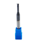 Front view of 1/4in solid carbide thread end mill with 0.018in cutting diameter and 4 flutes in blue holder