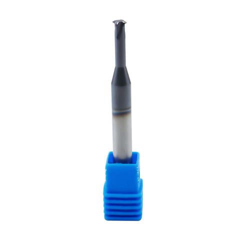 Front view of 1/4in solid carbide thread end mill with 0.018in cutting diameter and 4 flutes in blue holder