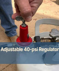 Adjustable LPG regulator for BBQ grills connected to propane tank for precise gas control.