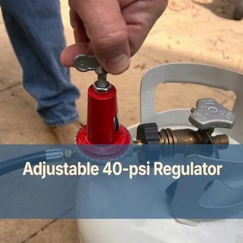 Adjustable LPG regulator for BBQ grills connected to propane tank for precise gas control.