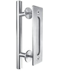 12 Inch Stainless Steel Sliding Barn Door Handle Set With Flush Hardware, Double Sided, Brushed Metal Look, Front View
