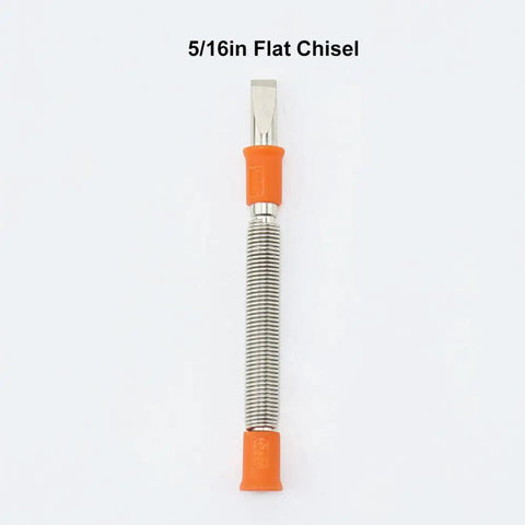 Dual Head Nail Setter And Door Hinge Pin Remover Tool Set Five Piece Kit with 5/16in flat chisel and orange anti-slip handle.