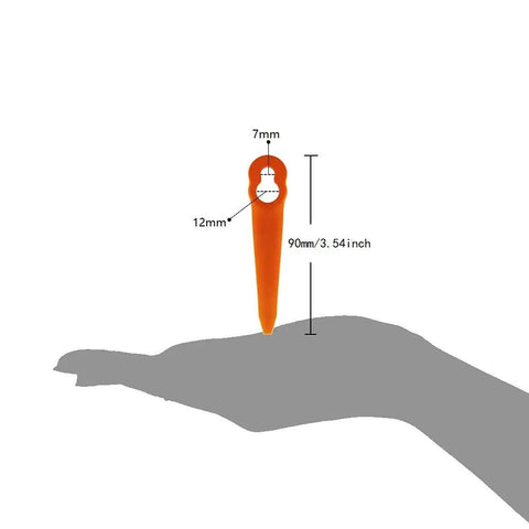 Hand holding PA6 nylon trimmer blade, 7mm wide, 90mm long, for 100 Pcs Plastic Replacement Trimmer Blades For STIHL Polycut 2 2 3 2 FSA 45 FSA 57 FSE 52 And Sun Joe 24V GT10 RedBack Swift 40V Grass Trimmer Kit Beefy And Durable PA6 Nylon 90mm Length.