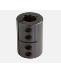1-1/4 In By 1-1/4 In Rigid Shaft Coupling Single Split With Keyway, Beefed-Up Two-Piece Design For Precise, Slippage-Free Shaft Connection And Easy Installation. black steel rigid shaft coupling with keyway and four set screws