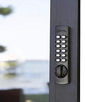 C150AB surface-mount hook bolt door lock with digital keypad on a metal door frame