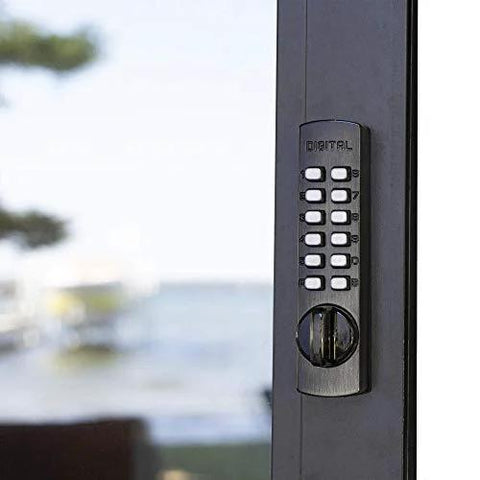 C150AB surface-mount hook bolt door lock with digital keypad on a metal door frame