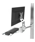 Top Tier Industrial Wall Mount Keyboard Tray With Articulating Monitor Arms And Heavy Duty Foldable Desktop Organizer showing monitor arm and keyboard.