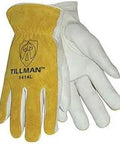 Driver Gloves 1414L Top Grain and Split Cowhide With Hook Closure Large White Work Gloves front and back view