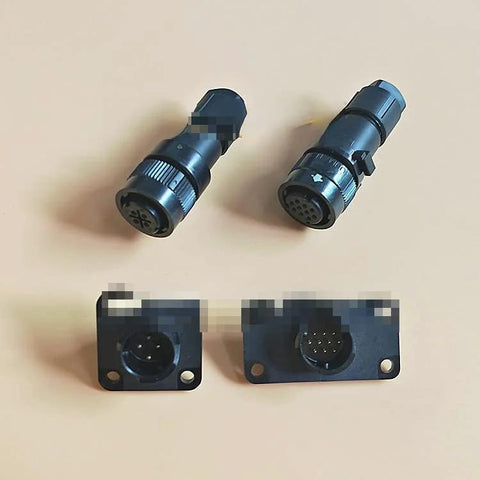 Front view of two black circular servo motor encoder plugs with 10-pin female sockets and matching rectangular panel-mount plates.