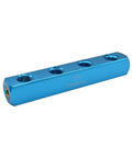 Aluminum Rectangle Pencil Manifold Four Way Outlet One Quarter Inch NPT Female Inlet And Four One Quarter Inch NPT Female Outlets Blue