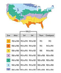Map of insulation zones in the USA showing R-value requirements for walls, attics, and floors, highlighting R13 for 2x4 cavities.