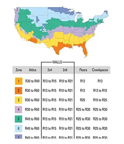 Map of insulation zones in the USA showing R-value requirements for walls, attics, and floors, highlighting R13 for 2x4 cavities.