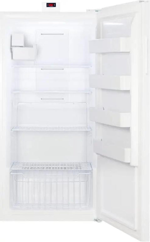Interior view of Top Tier 33 Inch Upright Freezer With Built In Icemaker And True No Frost Operation, Holds A Ton At 21 Cubic Feet, Digital Thermostat And Adjustable Shelves For Garage.