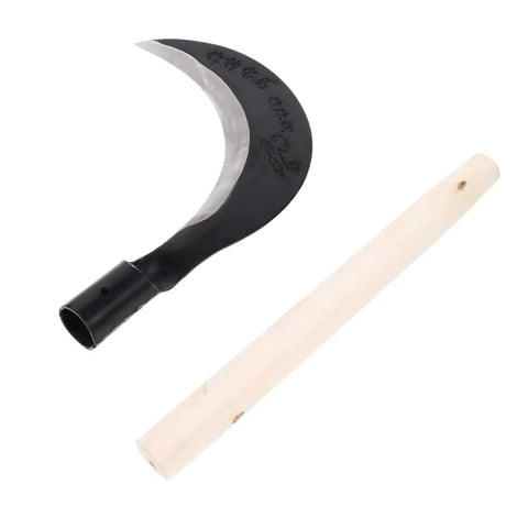 Long Handle Manganese Steel Scythe For Gardening And Weeding Tool blade and wooden handle detached side by side
