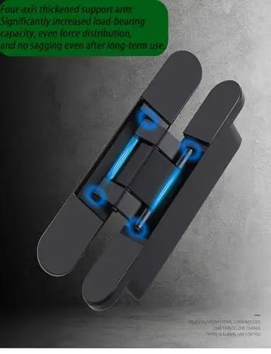 Modern Adjustable One Eighty Degree Silent Concealed Hinge Black Hidden Door Hardware For Wood Cabinets Delivers Dead Quiet Operation Smooth Roll showing four-axis support arm with enhanced load-bearing.