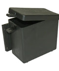 Durable Black Plastic Battery Box With A Hella Secure Molded Lid For 9 Amp Trailer Breakaway Kits side view showing lid opening.