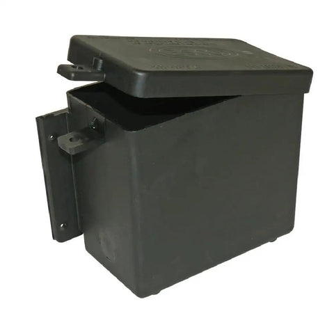 Durable Black Plastic Battery Box With A Hella Secure Molded Lid For 9 Amp Trailer Breakaway Kits side view showing lid opening.