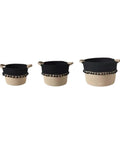 Super Chic Woven Storage Baskets Set Of Three Soft Cotton Rope And Straw Organizer Containers With Durable Handles And Tassel Details in black and natural.