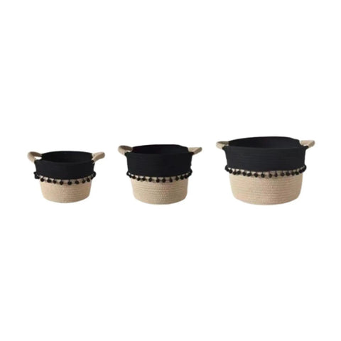 Super Chic Woven Storage Baskets Set Of Three Soft Cotton Rope And Straw Organizer Containers With Durable Handles And Tassel Details in black and natural.