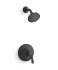 Matte black Simplice Rite Temp Shower Trim Set with single function low flow 1.75 GPM showerhead, faceplate, handle, arm, and flange.