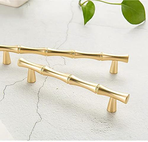 Bamboo Shape Solid Zinc Alloy Cabinet Knobs Set Of 6 In Golden Finish For Dresser Drawers Cupboards And Closets shown on white surface