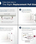 Infographic on selecting the right replacement pull size, highlighting center-to-center measurement, installation tips, and product details.
